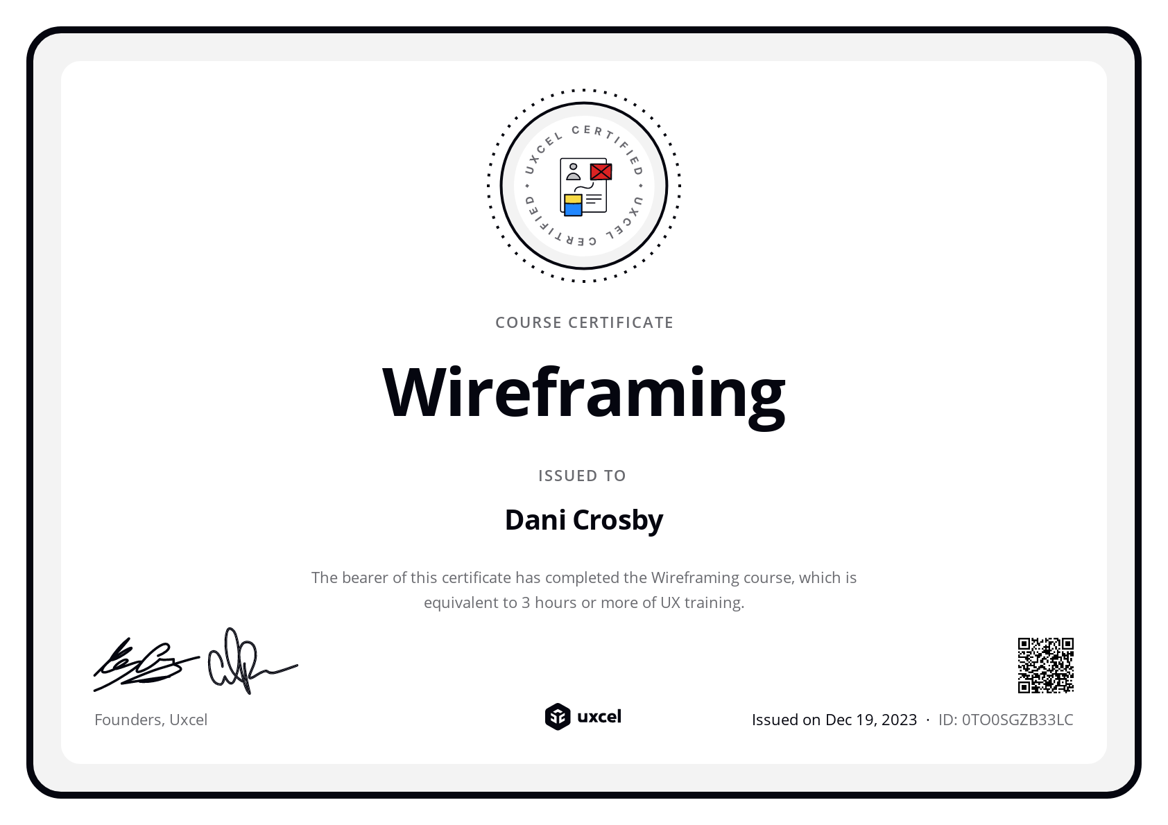 Dani Crosby's certificate